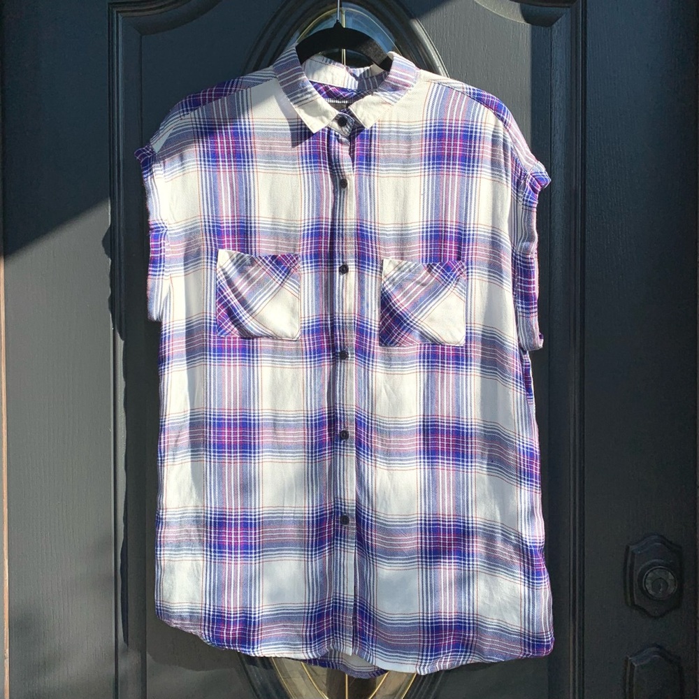 Rails Cream, Blue, & Red Plaid Short Rolled Sleeve Button Down Top